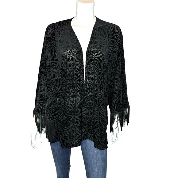 CACHE’ Size S Black Velvet Burnout Fringe Trim Kimono Whimsigoth Witchy - Picture 2 of 10